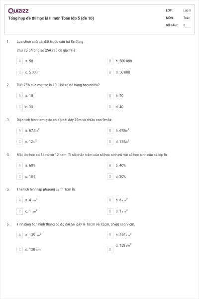 Tổng hợp đề thi học kì II môn Toán lớp 5 (đề 10)