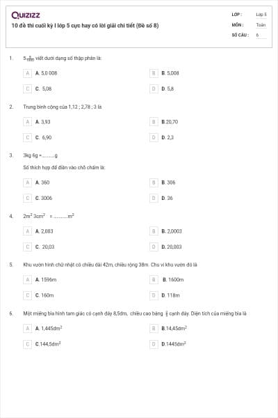 10 đề thi cuối kỳ I lớp 5 cực hay có lời giải chi tiết (Đề số 8)