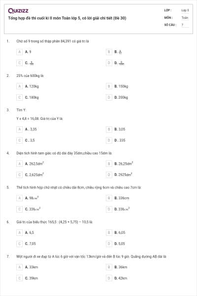 Tổng hợp đề thi cuối kì II môn Toán lớp 5, có lời giải chi tiết (Đề 30)