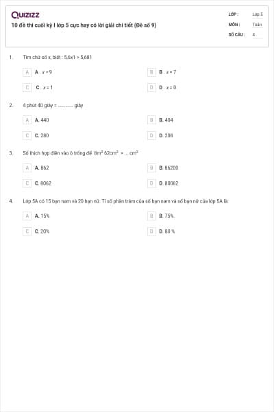 10 đề thi cuối kỳ I lớp 5 cực hay có lời giải chi tiết (Đề số 9)