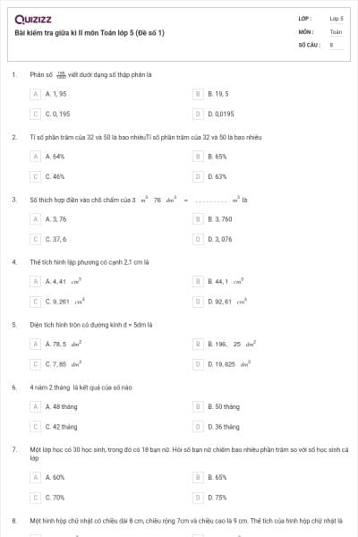 Bài kiểm tra giữa kì II môn Toán lớp 5 (Đề số 1)