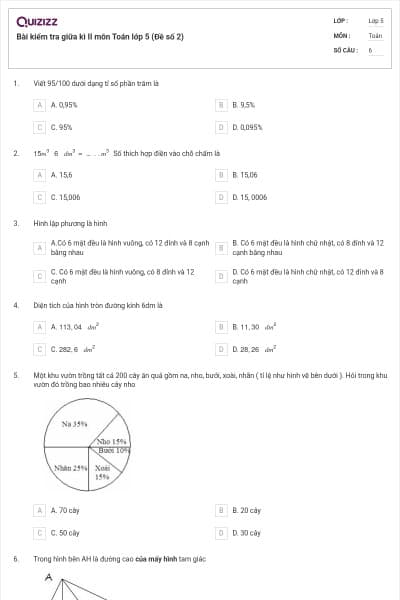 Bài kiểm tra giữa kì II môn Toán lớp 5 (Đề số 2)
