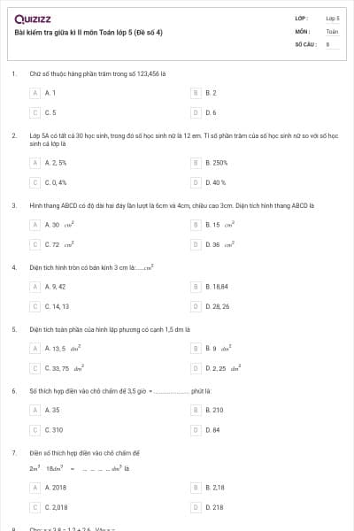 Bài kiểm tra giữa kì II môn Toán lớp 5 (Đề số 4)