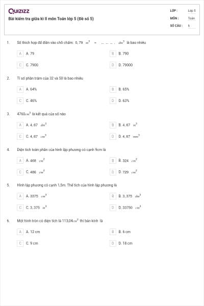 Bài kiểm tra giữa kì II môn Toán lớp 5 (Đề số 5)