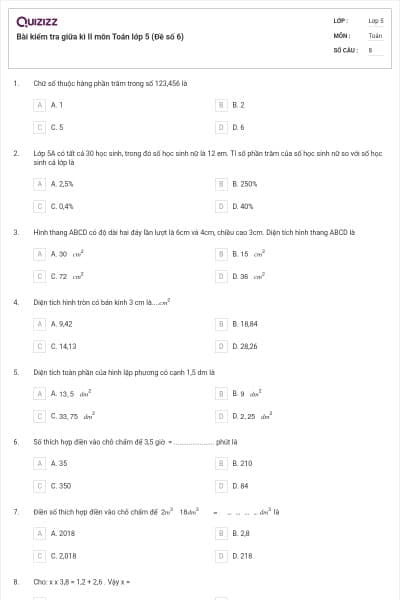 Bài kiểm tra giữa kì II môn Toán lớp 5 (Đề số 6)