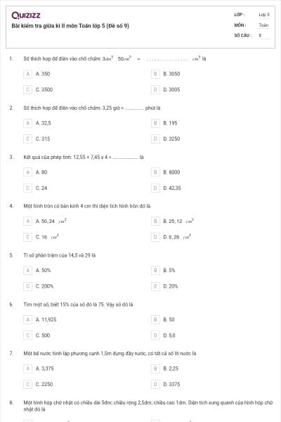 Bài kiểm tra giữa kì II môn Toán lớp 5 (Đề số 9)