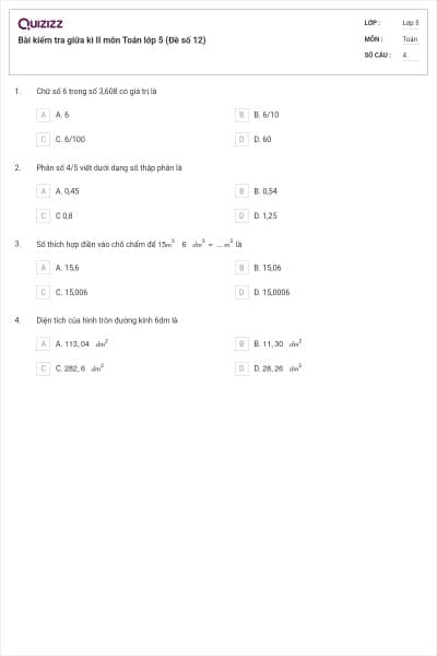 Bài kiểm tra giữa kì II môn Toán lớp 5 (Đề số 12)