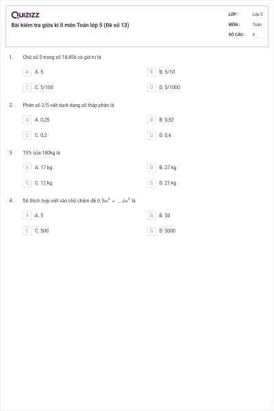 Bài kiểm tra giữa kì II môn Toán lớp 5 (Đề số 13)