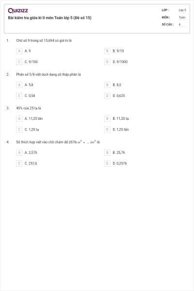 Bài kiểm tra giữa kì II môn Toán lớp 5 (Đề số 15)