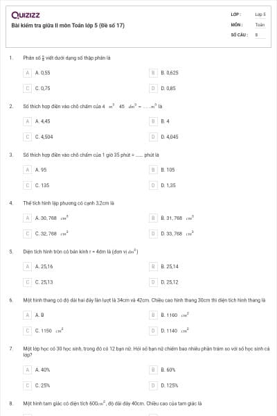 Bài kiểm tra giữa II môn Toán lớp 5 (Đề số 17)