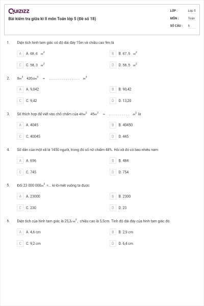 Bài kiểm tra giữa kì II môn Toán lớp 5 (Đề số 18)