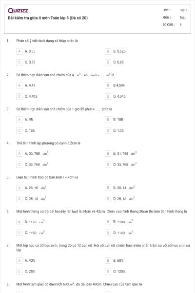Bài kiểm tra giữa II môn Toán lớp 5 (Đề số 20)