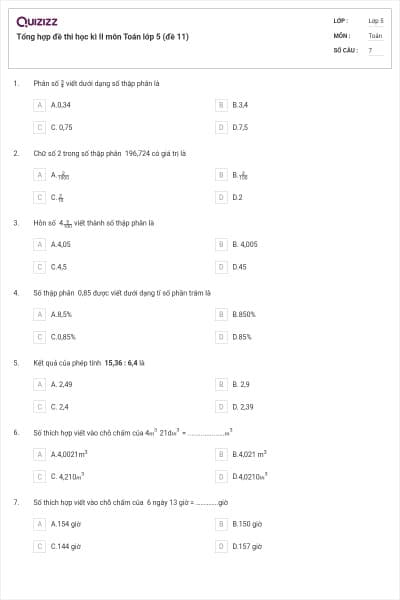 Tổng hợp đề thi học kì II môn Toán lớp 5 (đề 11)