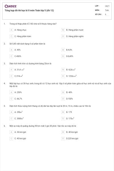 Tổng hợp đề thi học kì II môn Toán lớp 5 (đề 12)