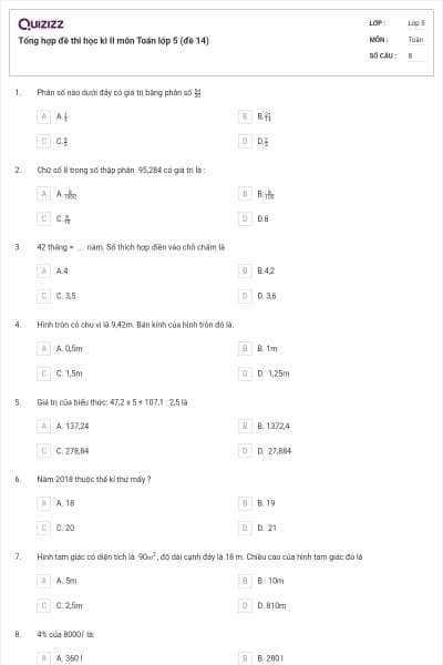 Tổng hợp đề thi học kì II môn Toán lớp 5 (đề 14)