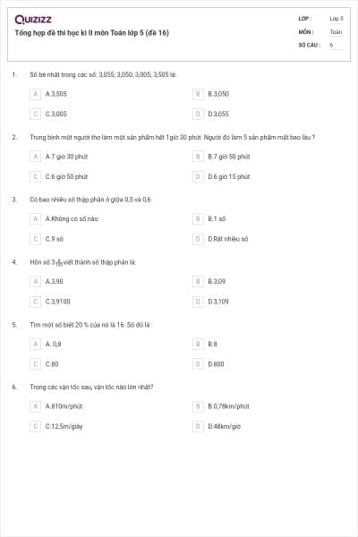 Tổng hợp đề thi học kì II môn Toán lớp 5 (đề 16)