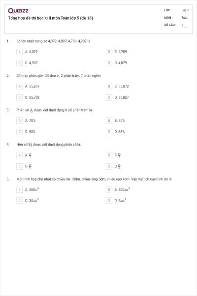 Tổng hợp đề thi học kì II môn Toán lớp 5 (đề 18)