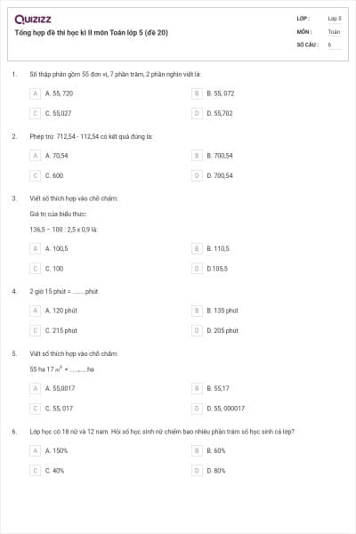 Tổng hợp đề thi học kì II môn Toán lớp 5 (đề 20)