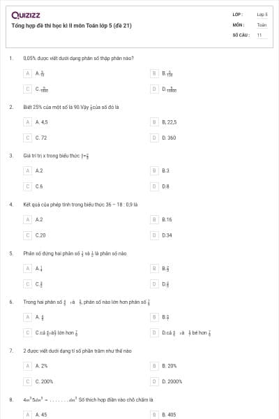 Tổng hợp đề thi học kì II môn Toán lớp 5 (đề 21)