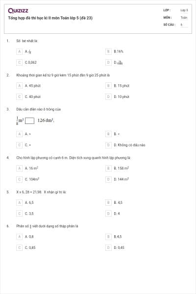 Tổng hợp đề thi học kì II môn Toán lớp 5 (đề 23)