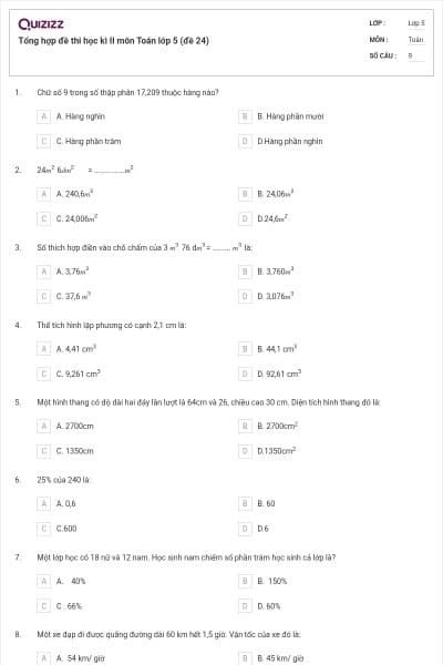 Tổng hợp đề thi học kì II môn Toán lớp 5 (đề 24)