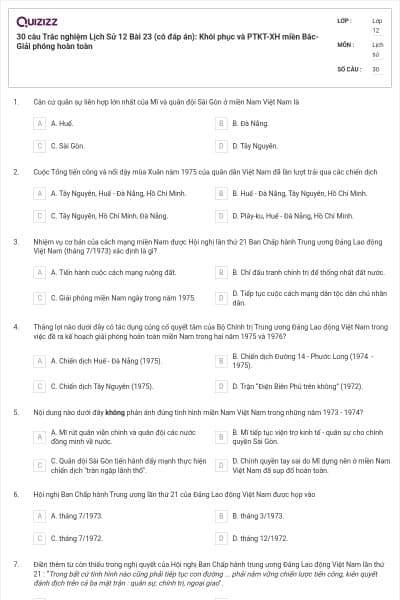 30 câu Trắc nghiệm Lịch Sử 12 Bài 23 (có đáp án): Khôi phục và PTKT-XH miền Bắc-Giải phóng hoàn toàn