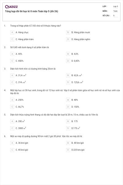 Tổng hợp đề thi học kì II môn Toán lớp 5 (đề 26)