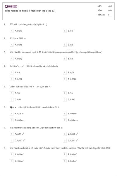 Tổng hợp đề thi học kì II môn Toán lớp 5 (đề 27)
