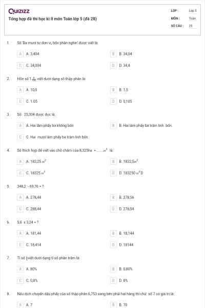 Tổng hợp đề thi học kì II môn Toán lớp 5 (đề 28)