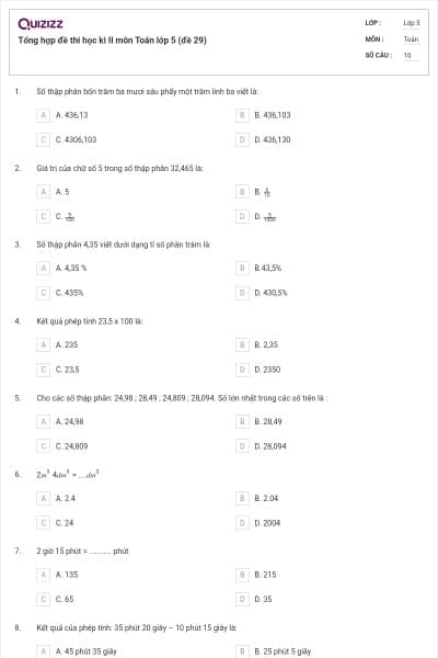 Tổng hợp đề thi học kì II môn Toán lớp 5 (đề 29)