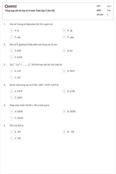 Tổng hợp đề thi học kì II môn Toán lớp 5 (đề 30)