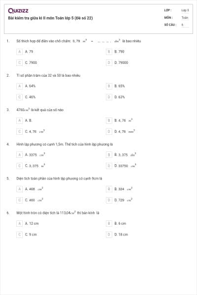 Bài kiểm tra giữa kì II môn Toán lớp 5 (Đề số 22)