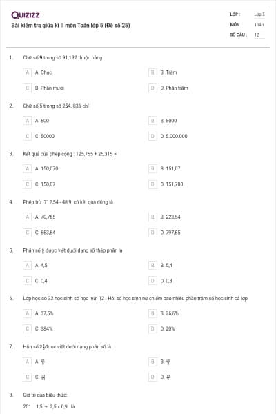 Bài kiểm tra giữa kì II môn Toán lớp 5 (Đề số 25)