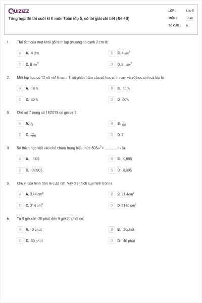 Tổng hợp đề thi cuối kì II môn Toán lớp 5, có lời giải chi tiết (Đề 43)