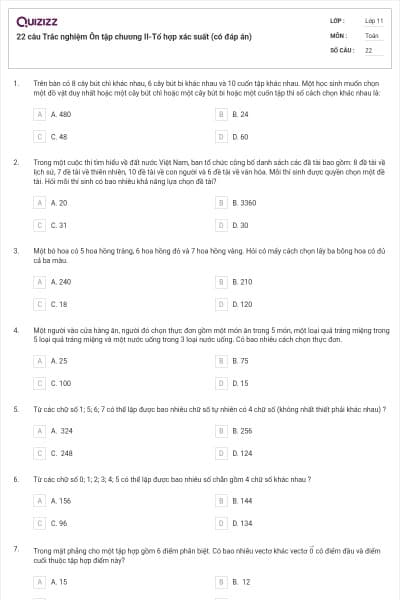 22 câu Trắc nghiệm Ôn tập chương II-Tổ hợp xác suất (có đáp án)