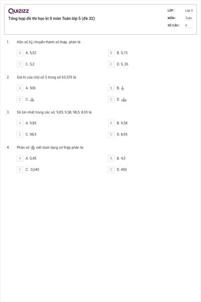Tổng hợp đề thi học kì II môn Toán lớp 5 (đề 32)