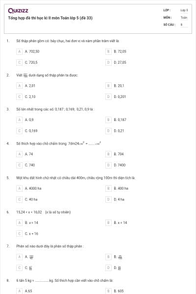 Tổng hợp đề thi học kì II môn Toán lớp 5 (đề 33)