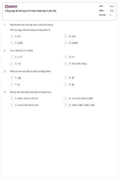 Tổng hợp đề thi học kì II môn Toán lớp 5 (đề 34)