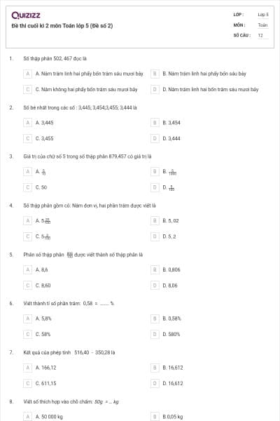 Đề thi cuối kì 2 môn Toán lớp 5 (Đề số 2)