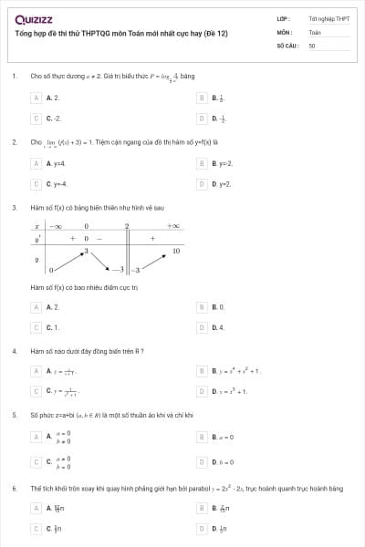 Tổng hợp đề thi thử THPTQG môn Toán mới nhất cực hay (Đề 12)