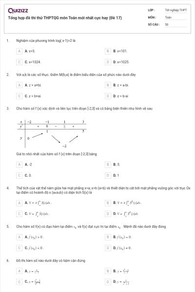Tổng hợp đề thi thử THPTQG môn Toán mới nhất cực hay (Đề 17)