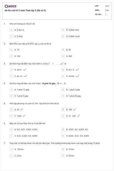 Đề thi cuối kì 2 môn Toán lớp 5 (Đề số 5)