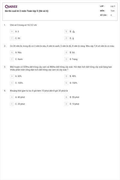 Đề thi cuối kì 2 môn Toán lớp 5 (Đề số 6)