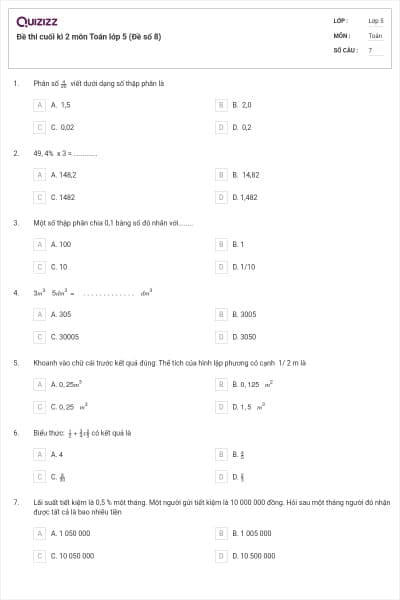 Đề thi cuối kì 2 môn Toán lớp 5 (Đề số 8)