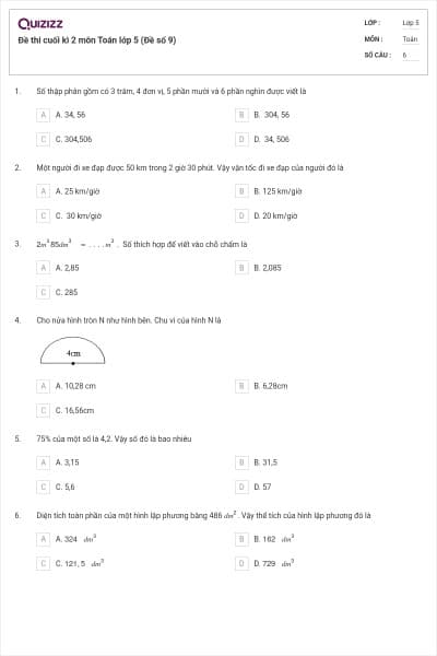 Đề thi cuối kì 2 môn Toán lớp 5 (Đề số 9)