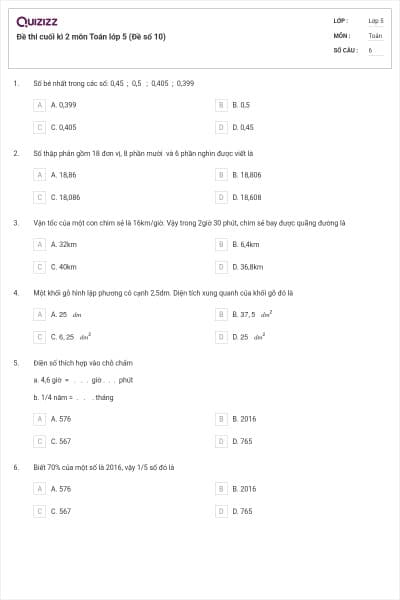 Đề thi cuối kì 2 môn Toán lớp 5 (Đề số 10)