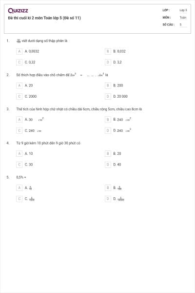 Đề thi cuối kì 2 môn Toán lớp 5 (Đề số 11)