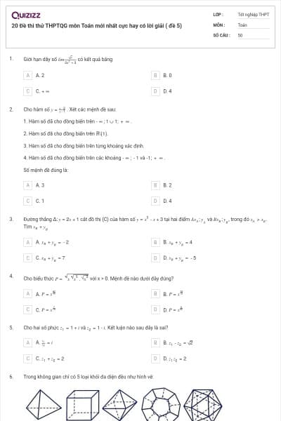 20 Đề thi thử THPTQG môn Toán mới nhất cực hay có lời giải ( đề 5)