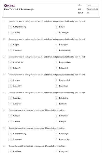 Kiểm Tra – Unit 2: Relationships
