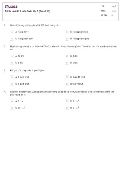 Đề thi cuối kì 2 môn Toán lớp 5 (Đề số 13)
